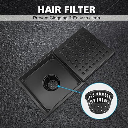 6 Inch Square Shower Drain with Flange, Removeable Grate SUS 304 Stainless Steel Shower Drain with Hair Catcher (Matte Black, 6 Inch)