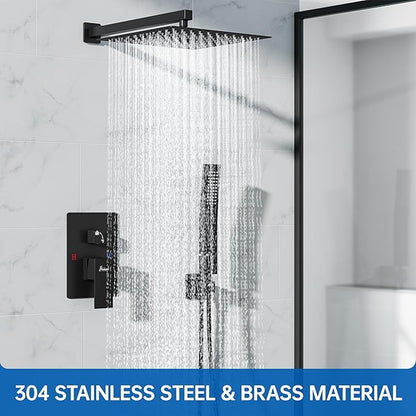 8 Inch Luxury Rain Shower Faucet Set, Matte Black Shower System with Rainfall Shower Head and Handheld Spray, SUS304 Stainless Steel and Solid Brass Wall Mounted Shower Valve Trim Kit