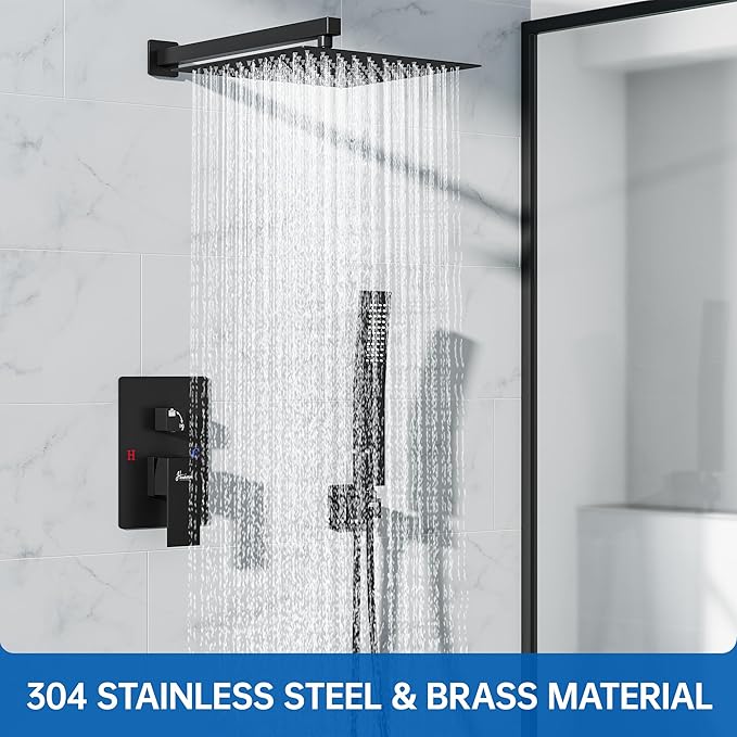 10 Inch Luxury Rain Shower Faucet Set, Matte Black Shower System with Rainfall Shower Head and Handheld Spray, SUS304 Stainless Steel and Solid Brass Wall Mounted Shower Valve Trim Kit