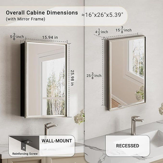 16x26 Pre-Assembled Bathroom Medicine Cabinet Mirror, Surface or Recessed Brushed Nickel Medicine Cabinet with Mirror & Rustproof Aluminum Frame, Beveled Bathroom Vanity Mirror with Storage