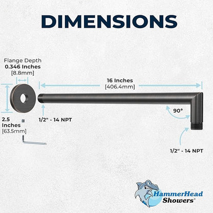 HammerHead Showers® Solid Metal 16 Inch Extended Shower Arm and Flange with Set Screw, Long Shower Arm, Extends Rain Shower Overhead, Wall-Mounted Rain Shower Arm, Oil Rubbed Bronze