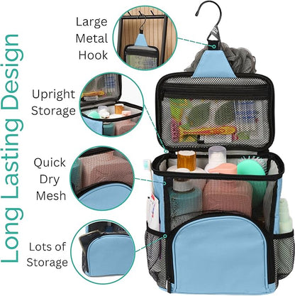 College Dorm Room Essentials for Girls - Shower Caddy Dorm - Original, Portable, Durable, Roomy, Foldable Water Resistant Shower Bag in Light Pink with Metal Hook for Hanging (Light Blue)