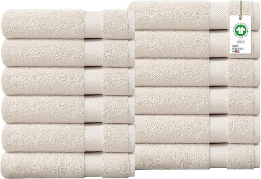 Delara 100% Organic Cotton Towels 650 GSM Plush Feather Touch Quick Dry Hand Towel, Pack of 12 GOTS Certified, Oeko-Tex Green Certified, Organic Cotton Hand Towel, 20"X30"