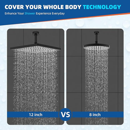 Hibbent Thickness Metal Rain Shower Head, 12 Inch High Pressure Shower Heads, Square Large Bathroom Rainfall Shower Head with Adjustable Brass Ball Joint, Waterfall Full Body Coverage, Matte Black