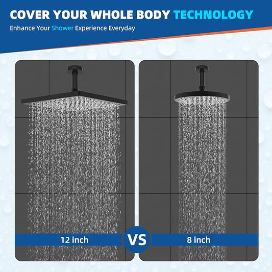 Hibbent Thickness Metal Rain Shower Head, 12 Inch High Pressure Shower Heads, Square Large Bathroom Rainfall Shower Head with Adjustable Brass Ball Joint, Waterfall Full Body Coverage, Matte Black