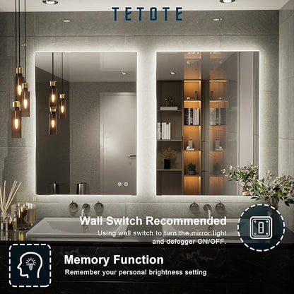 TETOTE 20 x 28 LED Backlit Bathroom Mirror with Light,3Color White/Warm/Natural,Anti-Fog Lighted Mirror,Dimmable,Vanity Mirror,Wall Mounted