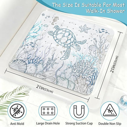 Sea Turtle Square Anti Slip Shower Mats for Inside Shower Accessories, Cute Bath Mats for Bathroom Non Slip Shower Floor Mat Decor Rubber Bathmat With Suction and Drain Holes Machine Washable, 21″X21″