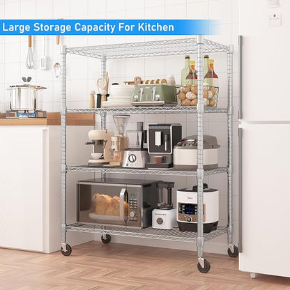 Homdox 4 Tier Heavy Duty Metal Shelves for Storage, Storage Racks and Shelving with Wheels, Commercial Adjustable Wire Shelving Unit, Garage Rack Pantry Shelves Kitchen Shelving, Chrome