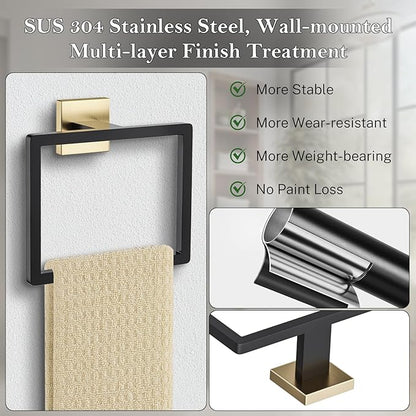 Black and Gold Towel Ring Square Hand Towel Holder Towel Hanger Bathroom Hardware Accessories Stainless Steel Wall-Mounted Towel Rack