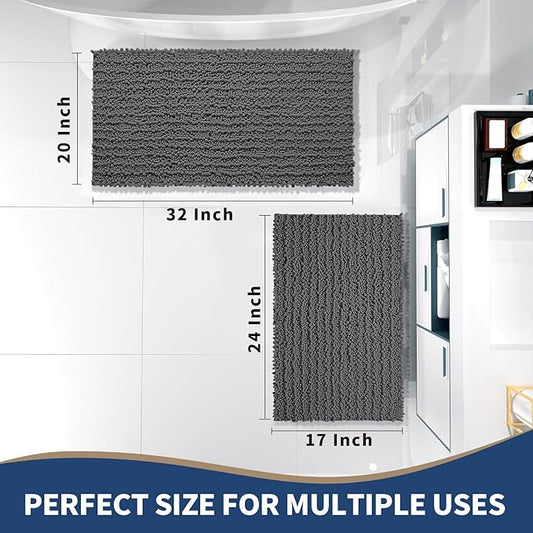 Yimobra Bathroom Rugs Sets 2 Piece - Quick Dry Extra Thick Luxury Chenille Bath Mat, Non Slip Super Absorbent for Tub Shower Sink, Machine Washable Shaggy Floor Mat, 32"x20"+24"x17" Inch, Dark Grey