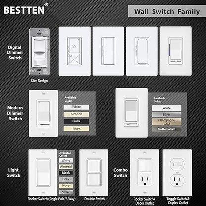 BESTTEN 100 Pack Single Pole Decorator Wall Light Switch with Wall Plate, 15A 120/277V, On/Off Rocker Paddle Interrupter for LED and Other Lamps, UL Listed, White