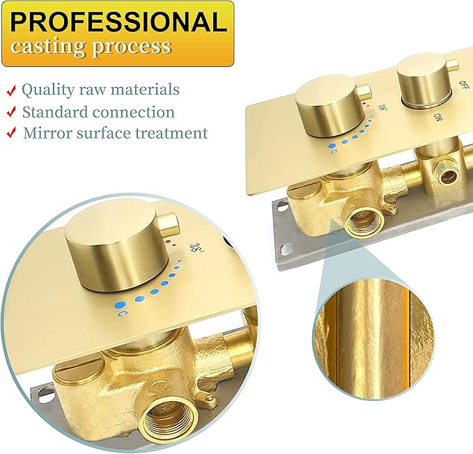 HOMEDEC Multi Function Shower Diverter Valve with Trim, 5 Port Concealed Brass Thermostatic Mixer Shower Control Valve Kit Replacement(5-Way, Brushed Gold)