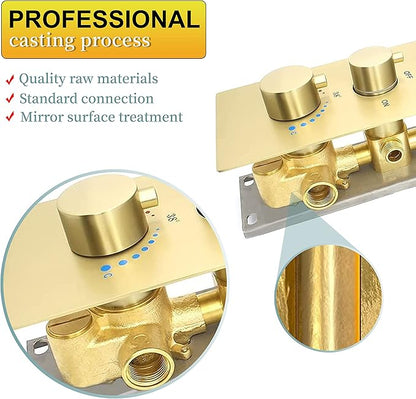 HOMEDEC Multi Function Shower Diverter Valve with Trim, 5 Port Concealed Brass Thermostatic Mixer Shower Control Valve Kit Replacement(5-Way, Brushed Gold)