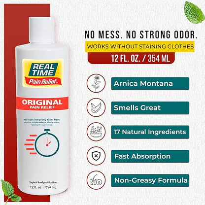 Real Time Pain Relief Cream 12oz Bottle | 17 Natural Ingredients: 1.25% Menthol, Arnica & MSM | Muscle Strain & Joint Discomfort Relief for Arthritis, Cramps, Sprains, Bruises, Hands, Back & Knee Pain