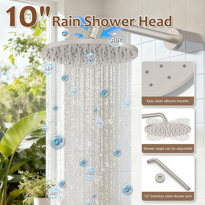 Iriber Brushed Nickel Round Rain Shower System Faucet Set，Bathroom Filtered Shower Head with Handheld, 9 Spray Mode Showerhead with Filters,Shower Valve Trim Kit Contain Cartridge,10 Inch