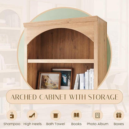 76" Tall Arched Bathroom Storage Cabinet, 5 Tiers Large Farmhouse Arched Cabinet w/Adjustable Shelves, Modern Wooden Storage Cabinet for Bathroom, Living Room, Entryway, Study Room (Natural)