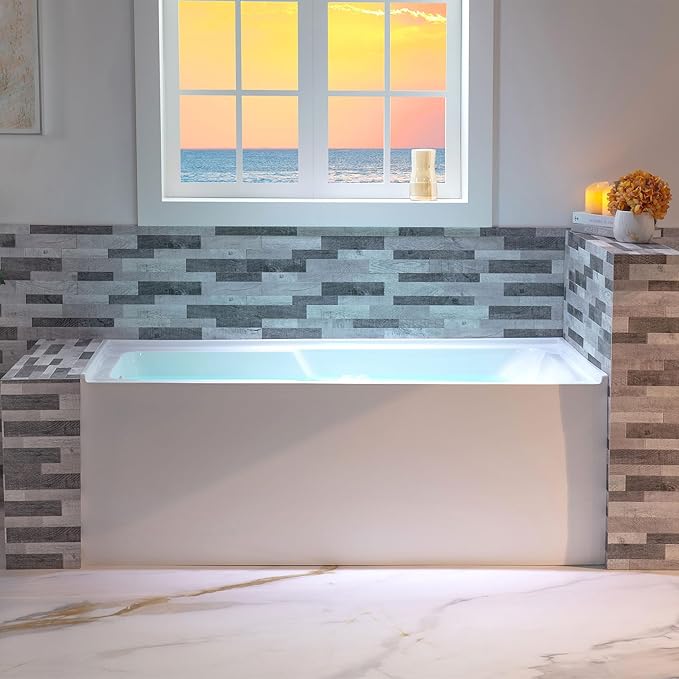 WOODBRIDGE 60" Acrylic Rectangular Alcove Soaking Bathtub in White with Left Drain, Chrome pop-UP Drain Included BA6030L