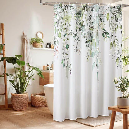 Colorful Star Sage Green Eucalyptus Waterproof Shower Curtain Set with Hooks, Minimalist Watercolor Floral Print Bathroom Décor, Plant Leaves Washable Fabric Shower Curtain, 72 x 72 Inch