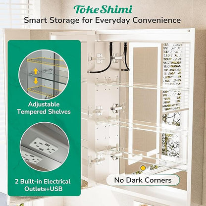 TokeShimi 36x24 Lighted Medicine Cabinet Mirror with Outlet, 3 Colors Dimmable Bathroom Mirror Medicine Cabinet Surface or Recessed Mount, Anti-Fog Mirror with Storage for Vanity and Modern Decor