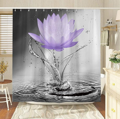 Lotus Shower Curtain Black White Grey Violet Flower Elegant Blooming Floral with Dew Spring Flower Reflection on Water Modern Romantic Polyester Fabric Bathroom Decor 36×70 Inch with Hook