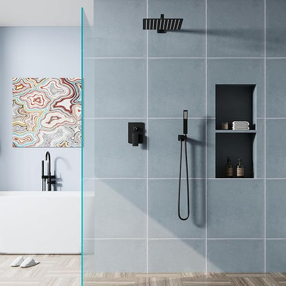 WELLFOR 12-In Wall Mounted Rain Shower Faucet with Single Handle and Handheld Spray, Waterfall Dual Head Shower Head System with 2-way Diverter, Pressure-balanced Valve Included, Matte Black