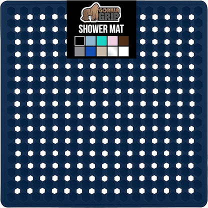 GORILLA GRIP Patented Square Shower Stall Mat, Small Bathtub Floor Mats for Stand Up Showers, Suction Cups and Drainage Holes, Machine Wash, Soft on Feet, Bathroom Accessories 21x21 Inch, Navy Opaque