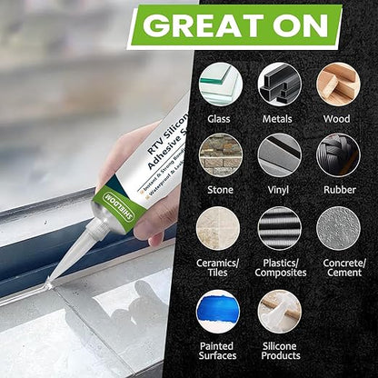 RTV Silicone Adhesive Sealant 100% Silicone Sealer All-Purpose Caulk Waterproof Stronger Adhesion, Shrink & Crack Proof Caulking for Car, Kitchen, Window, Bathroom, Door (Black, 3.4 Fl. Oz.)