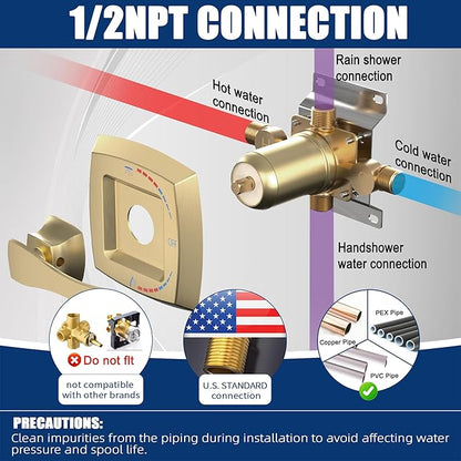 Brushed Gold Shower Mixer Valve 2 Way Diverter, Dual-Function Pressure Balance Shower Control Brass Rough-In 1/2" NPT Connection with Single Handle Shower Trim Kit