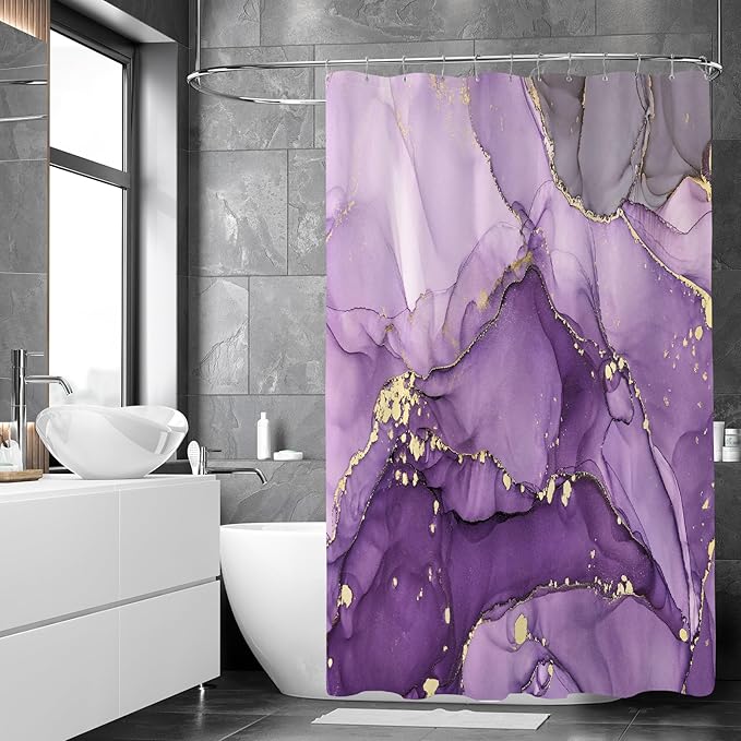 Small Stall Marble Shower Curtain 36 x 72 Inch, Half Narrow Abstract Modern Shower Curtains for Bathroom, Luxury Art Ink Texture Fabric Shower Curtain Set with Hooks, Purple