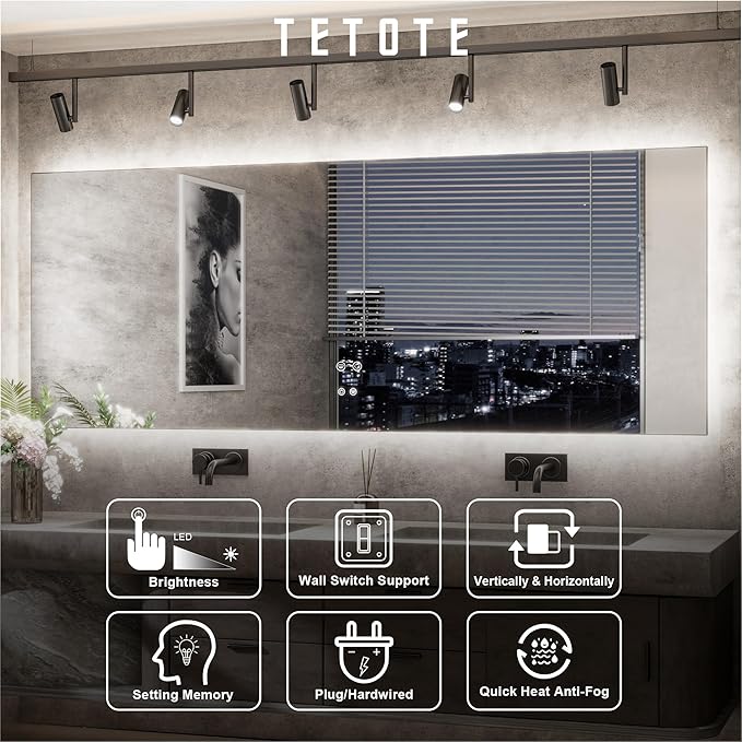 TETOTE 84 x 40 Inch LED Backlit Bathroom Mirror with Lights,Anti-Fog Lighted Mirror,Dimmable,Vanity Mirror,Wall Mounted