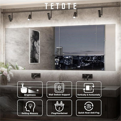 TETOTE 42 x 36 Inch LED Mirror Backlit Bathroom,Anti-Fog Mirror with Light,Dimmable,CRI90+,IP54 Water Proof,Wall Mounted Vanity Lighted,Horizontal/Vertical