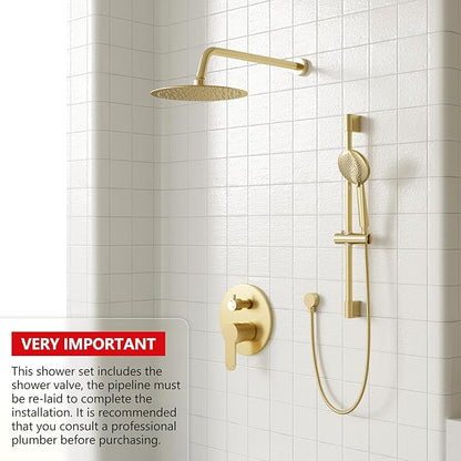 Gabrylly Shower System Gold, Slide Bar Shower Faucet Set with High Pressure 10" Rain Head and 5-Setting Handheld Spray, 2 Way Pressure Balance Valve with Trim Kit, Brushed Gold