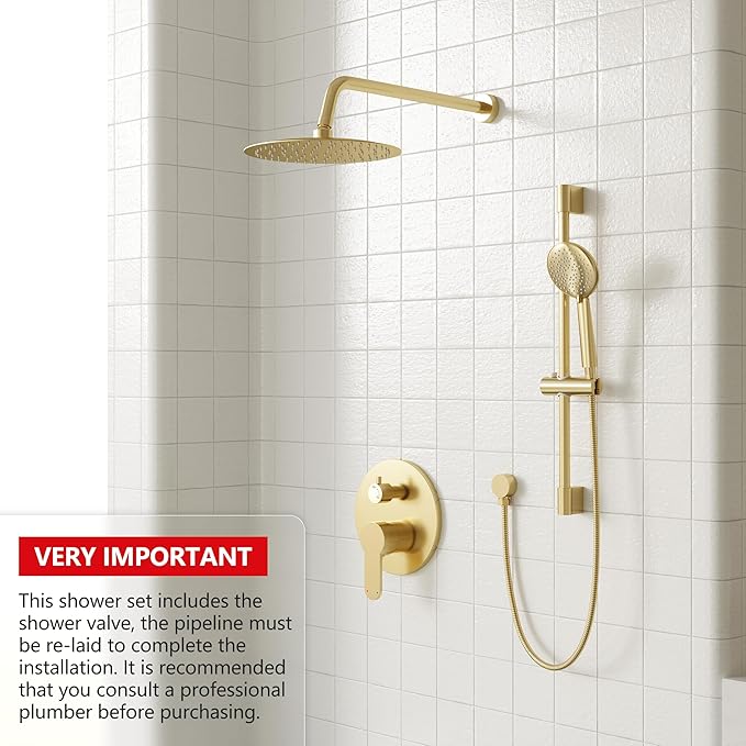 Gabrylly Shower System, High Pressure 12" Rain Shower Head with Handheld Shower, Wall Mounted Slide Bar Shower Faucet Set Complete, Shower Combo Set with Shower Valve,Brushed Gold