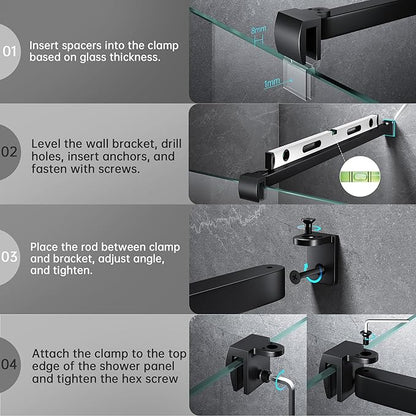 Frameless Shower Door Support Bar, Stainless Steel Wall-to-Glass Support Arm to Fixed Shower Glass Panel, for 1/4"-3/8" (6-10 mm) Door, 180° Pivot & Stow-Flat Mode (Matte Black, 23.6-inch(600mm))