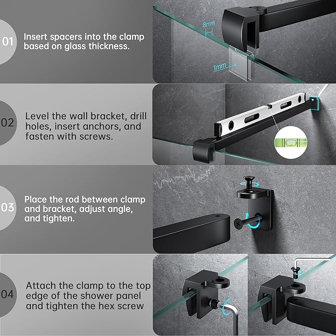 Frameless Shower Door Support Bar, Stainless Steel Wall-to-Glass Support Arm to Fixed Shower Glass Panel, for 1/4"-3/8" (6-10 mm) Door, 180° Pivot & Stow-Flat Mode (Matte Black, 35.4-inch(900mm))