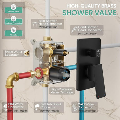 Black Tub Shower System, All Metal Tub Shower Faucet Set with 12" Rain Shower Head and Handheld Spray combo, Wall Mounted Shower Systems with Tub Spout, Valve and Trim Kit, Matte Black
