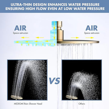 Rainfall Shower Head, MEDIOMI Rain Shower Head Set - Ultra-Thin Design High Flow Stainless Steel Large Round Rain Shower Heads with Shower Arm and Flange (8-Inch, Brushed Gold)