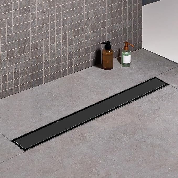 Offset Linear Shower Drain, Black Shower Drain 32 inch with 2-in-1 Tile Insert Cover, Brushed 304 Stainless Steel Side Outlet Black Shower Floor Drain with Hair Catcher and Adjustable Feet