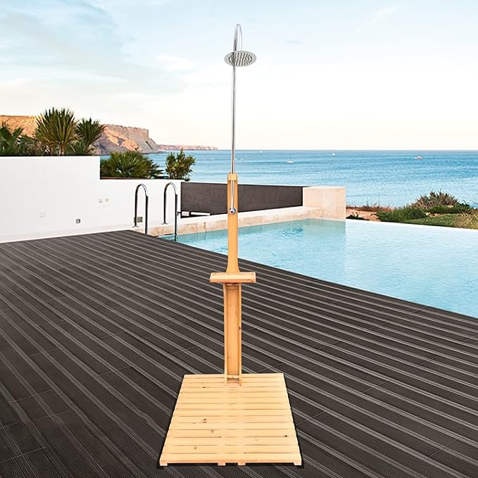 Outdoor Wooden Pool Shower with Base Platform, Solid Wood Garden Shower with Storage Shelf & Adjustable Water Control for Swimming Pool Patio Terrace Backyard, Teak