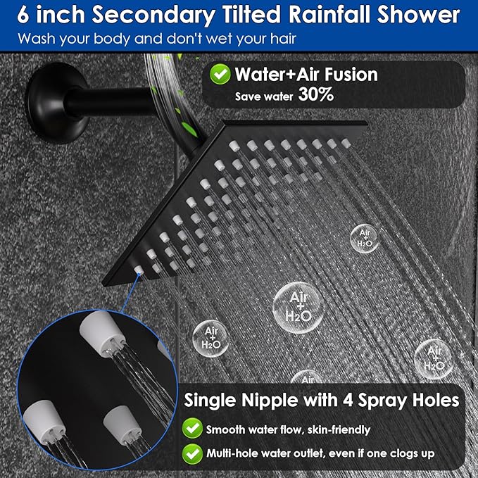 ENGA Shower Faucet Set, Dual Head Shower System 10" & 6" Square Rain Shower Heads with 2 in 1 Handheld Spray, 3 Way Water Diverter, Matte Black