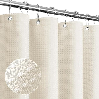 Gibelle Extra Long Shower Curtain 72 x 84, Tall Waffle Weave Textured Fabric Shower Curtain for Bathroom, Water Repellent, Machine Washable, Ivory