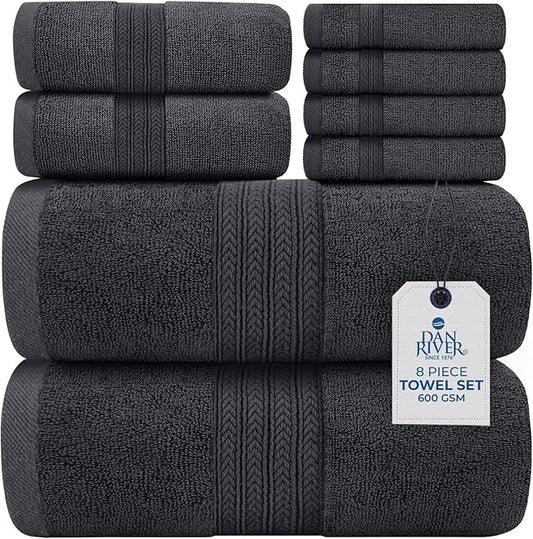 DAN RIVER 8 PC Luxury Bath Towels for Bathroom, 2 Bath, 2 Hand, and 4 Wash Cloths, 600 GSM 100% Ring Spun Cotton Towel Set, Highly Absorbent, Gym, Hotel, and Spa, Dark Gray