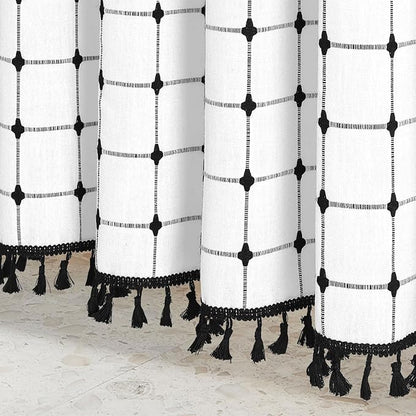 MitoVilla 36 x 72 Small Stall Boho Shower Curtain Set, White Black Narrow Polyester Linen Fabric Shower Curtains for Farmhouse Bathroom Decor, Half Size Cloth Shower Curtain Set with Hooks