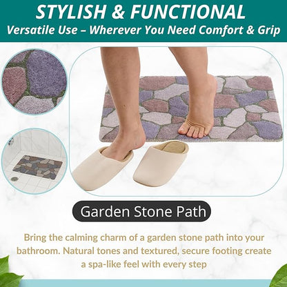 ENKOSI Loofah Non-Slip Shower and Bath Mat - Soft Cushioned Comfort - No Suction Cups for Smooth or Textured Tubs - Fast Draining - Safety for Bathroom, Family, Kids, and Elderly (24x16 Stone Path)
