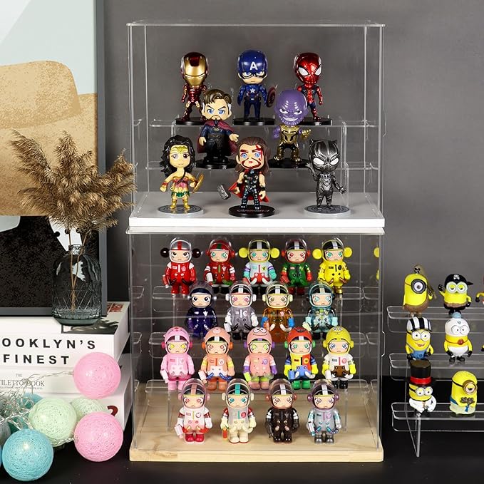 Choowin 3 Tier Clear Acrylic Display Case for Collectibles, Mini Figures, Pop Mart, Labubu, Sonny Angel, Smiski - Assemble Dustproof Acrylic Display Box with Door, Stand (White Base, Clear Step)