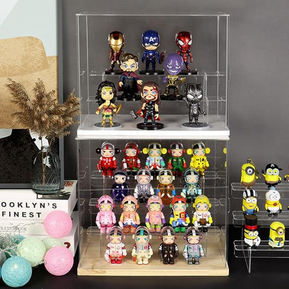 Choowin 4 Tier Clear Acrylic Display Case for Collectibles, Mini Figures, Pop Mart, Labubu, Sonny Angel, Smiski - Assemble Dustproof Acrylic Display Box with Door, Stand (Wood Base, Clear Step)