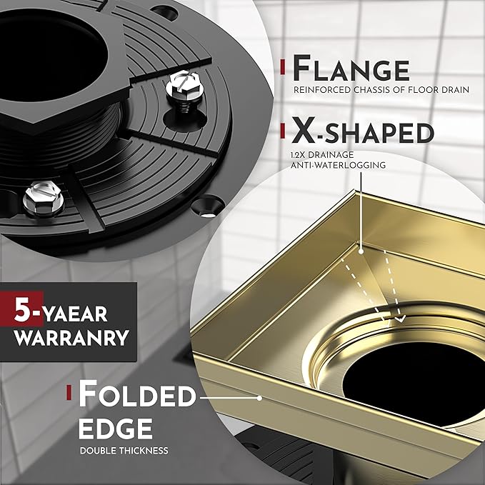 WEBANG 4 Inch Square Shower Drain Gold Floor Drain with Flange Reversible 2-in-1 Cover Tile Insert Grate Removable SUS304 Stainless Steel CUPC Certified Brushed Gold