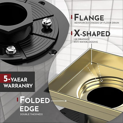 WEBANG 4 Inch Square Shower Drain Gold Floor Drain with Flange Reversible 2-in-1 Cover Tile Insert Grate Removable SUS304 Stainless Steel CUPC Certified Brushed Gold