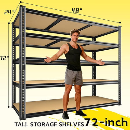 48" W Garage Shelving Heavy Duty 3200LBS Garage Storage Shelving, 5 Tier Adjustable Metal Shelving Unit Utility Rack Shelf for Warehouse, Pantry, Closet, Kitchen 72" H x 48" W x 24" D, Black,2PCS
