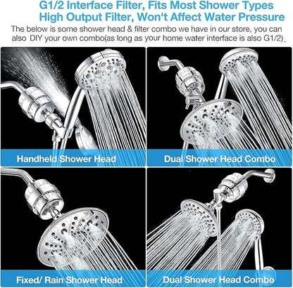 Heavy Duty Shower Filter, Chlorine Hard Water Filter Softener Purifier, with 2 Filter Cartridges, Fits Universal Handheld Shower Head Fixed Rainfall Bath Fixture, Chrome